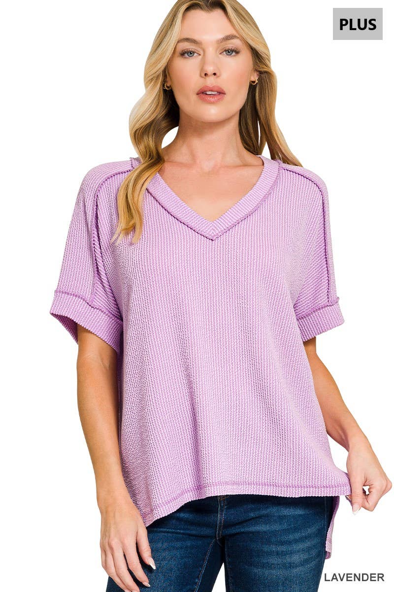 Plus Corded Rib Short Sleeve Hi Low Neck Top