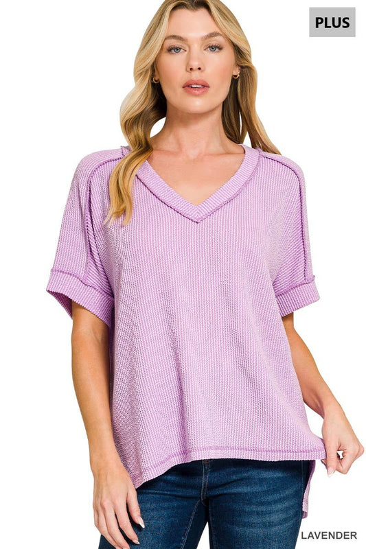 Plus Corded Rib Short Sleeve Hi Low Neck Top