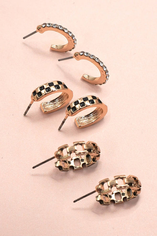 BAGUETTE STONE DOUBLE HOOP HUGGIE TRIO EARRINGS | 80E6906: GOLD