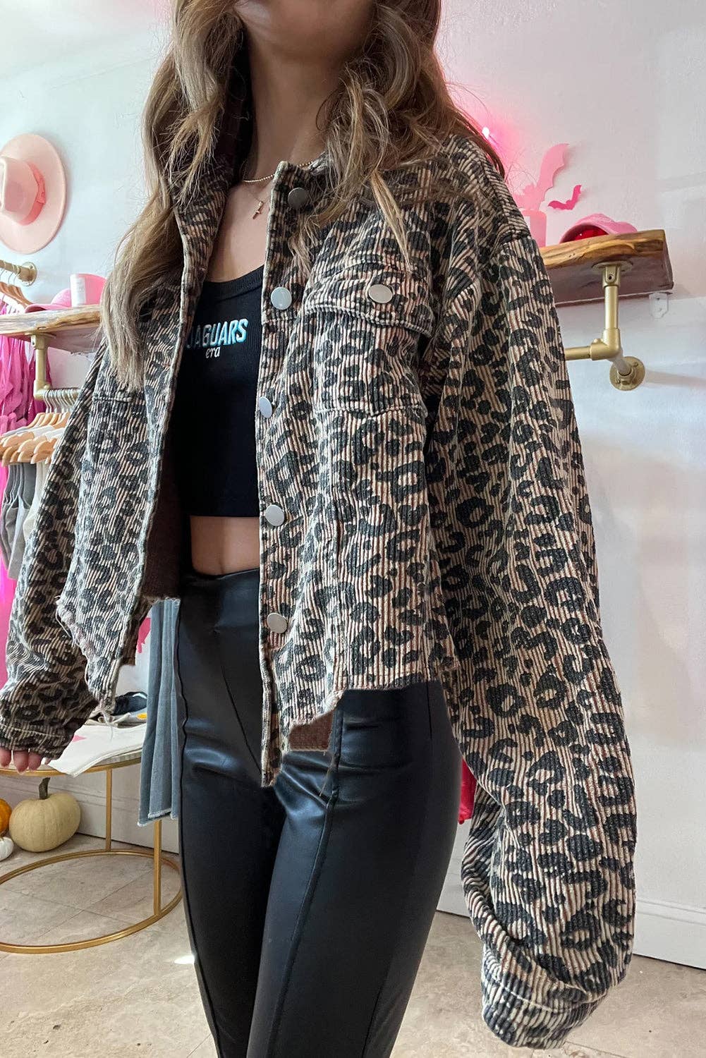 Leopard Corduroy Irregular Hem Jacket: Dark Khaki