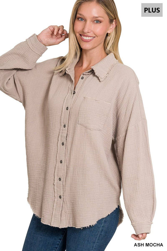 Oversized Raw Edge Shirt: ASH MOCHA