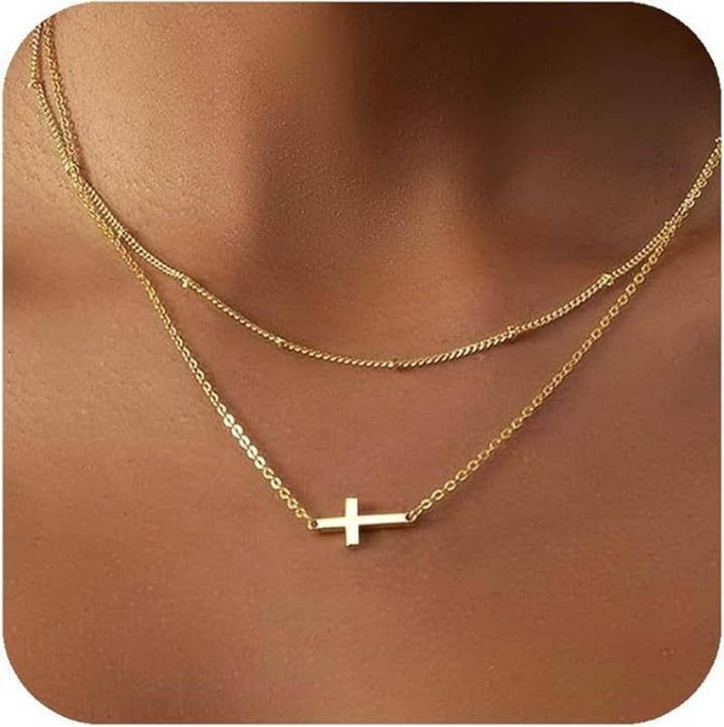 18K STAINLESS STEEL TARNISH FREE CROSS NECKLACE: GOLD