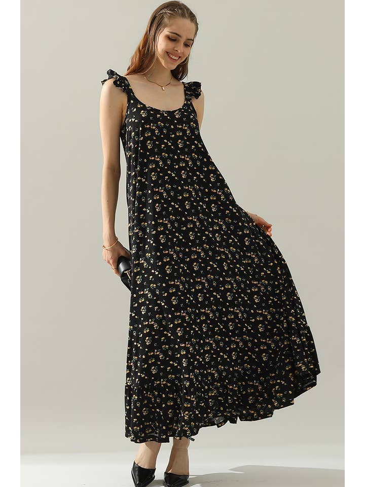 RUFFLE DETAILED SLEEVELESS MAXI DRESS: BLACKYELLOWFRL