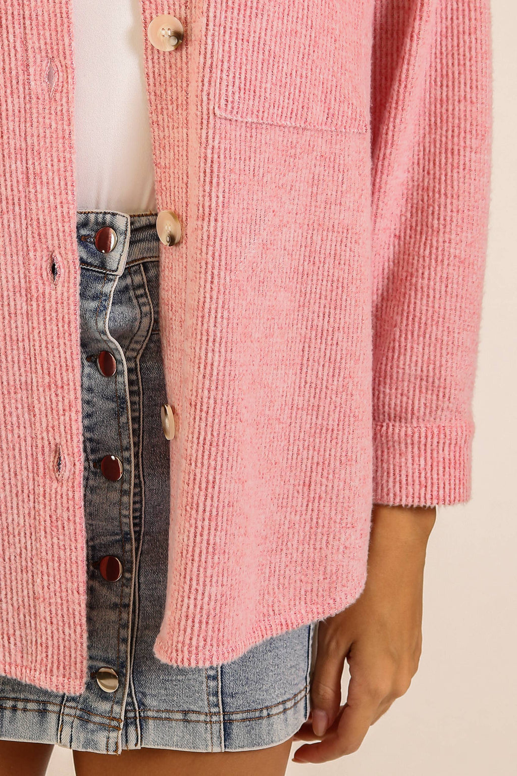 Brushed Waffle Button-Up Shacket: Red