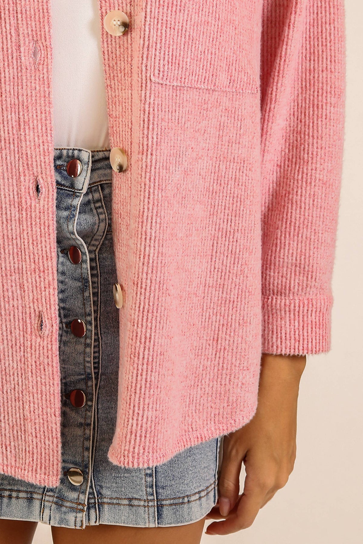 Brushed Waffle Button-Up Shacket: Red