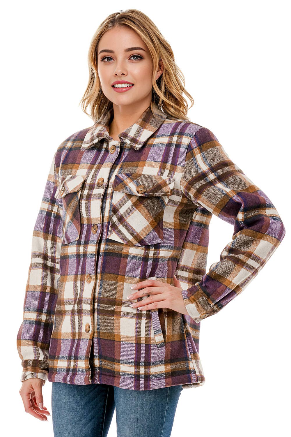 Fur lined plaid flannel shirt shacket with pockets