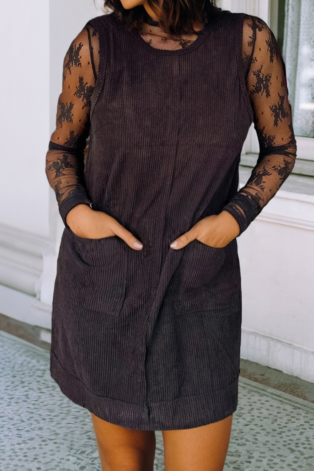 Corduroy Sleeveless Patched Pockets Dress: