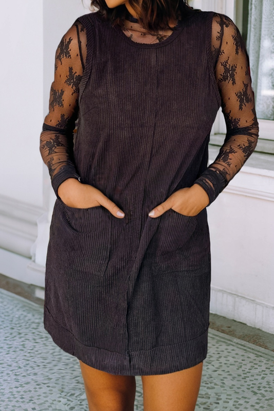 Corduroy Sleeveless Patched Pockets Dress: