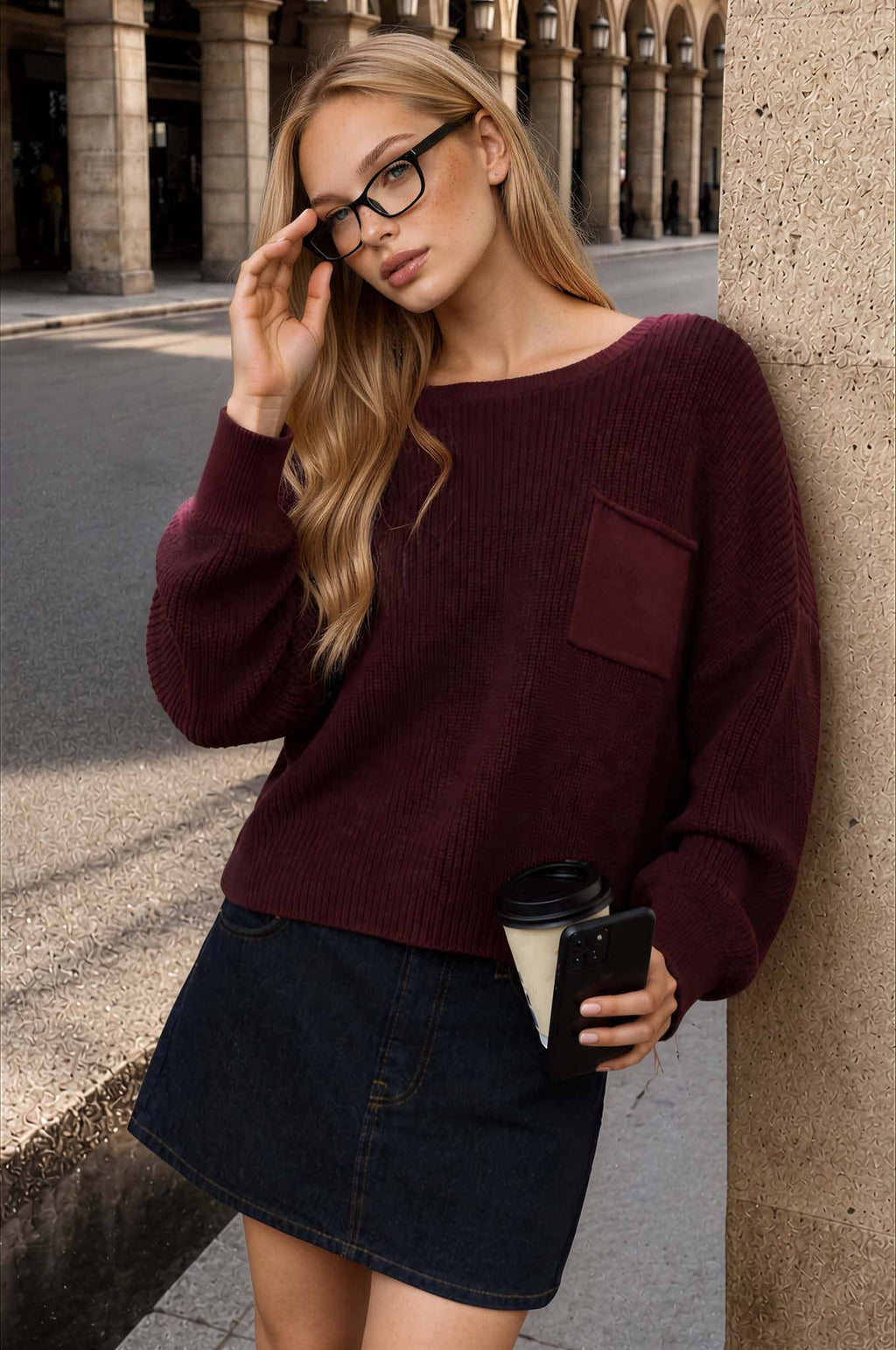 RAW EDGE LONG SLEEVE KNIT SWEATER: BURGUNDY