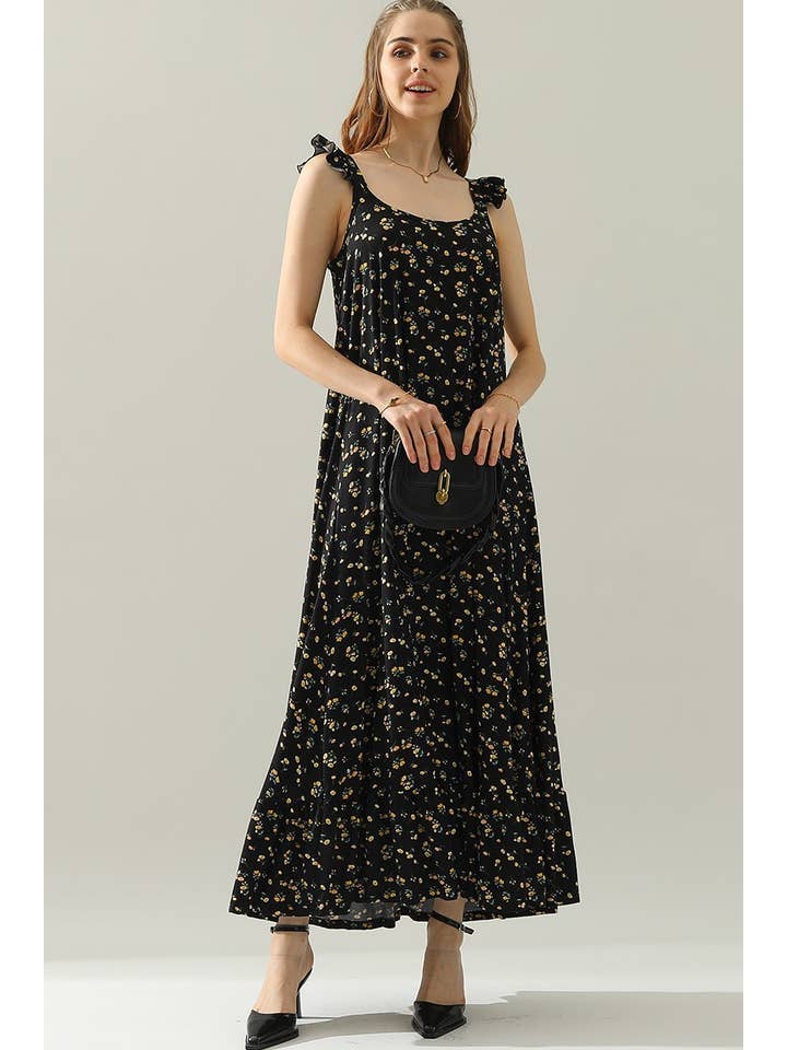 RUFFLE DETAILED SLEEVELESS MAXI DRESS: BLACKYELLOWFRL
