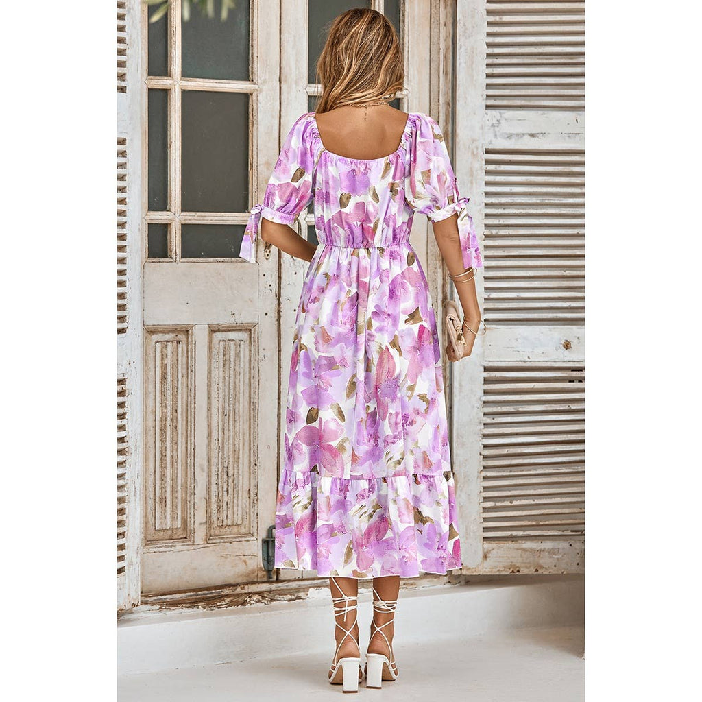 Floral Paint Short Sleeve Tie Cuff Surplice Neck Dress: PURPLE