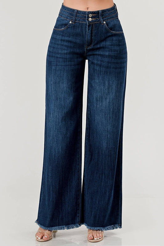 Mid Rise Wide Leg Jeans With Fray Hem