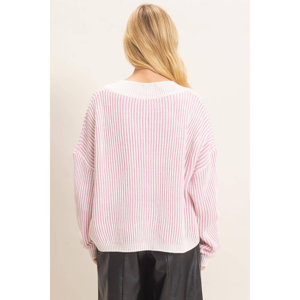 Striped V-Neck Ribbed Sweater: PINK
