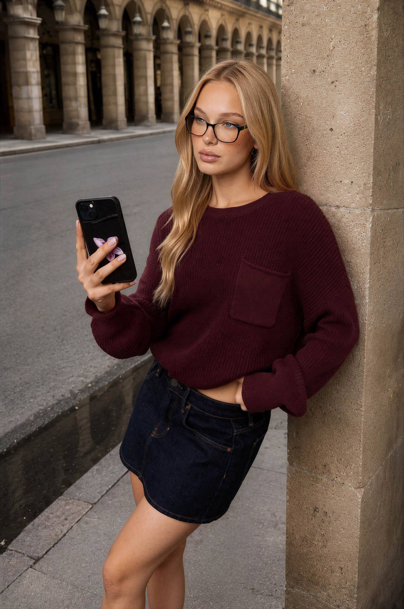 RAW EDGE LONG SLEEVE KNIT SWEATER: BURGUNDY