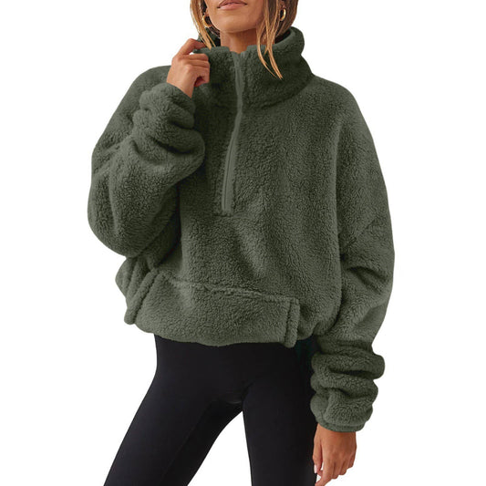 FLEECE HALF-ZIP STAND-UP COLLAR: ARMY-GREEN