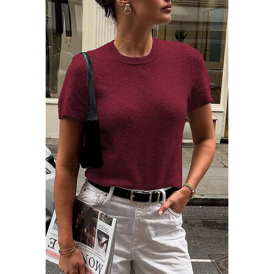 Wool O Neck Knit Short Sleeve Shirt