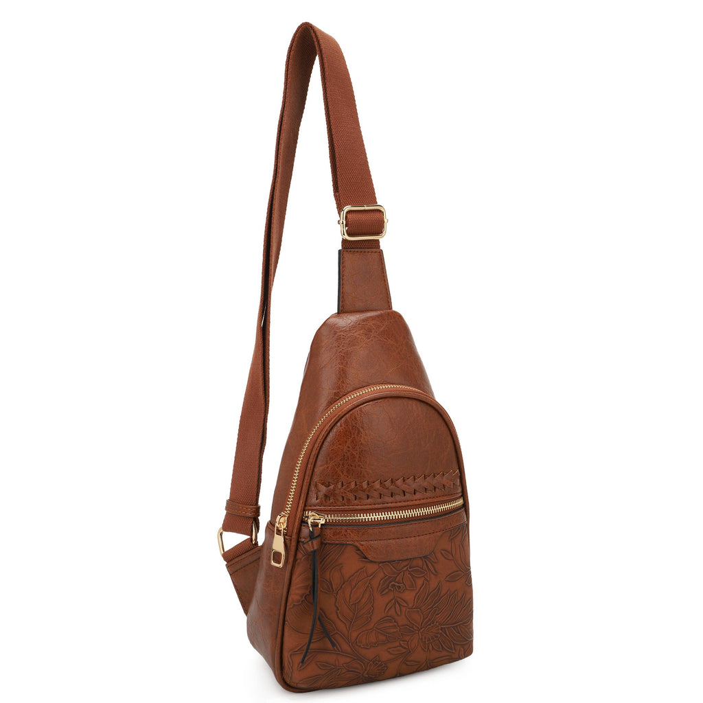 Jane Hibiscus Sling Bag, Vintage Tooled Vegan Leather Bag: Brown