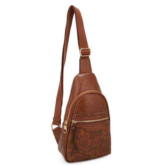 Jane Hibiscus Sling Bag, Vintage Tooled Vegan Leather Bag: Brown
