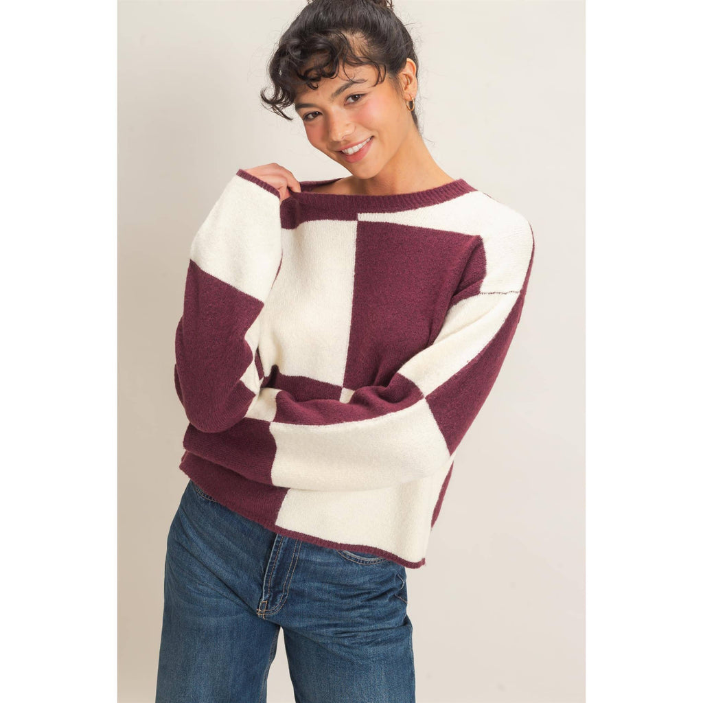 Crew Neck Checkered Sweater: DARK CHERRY