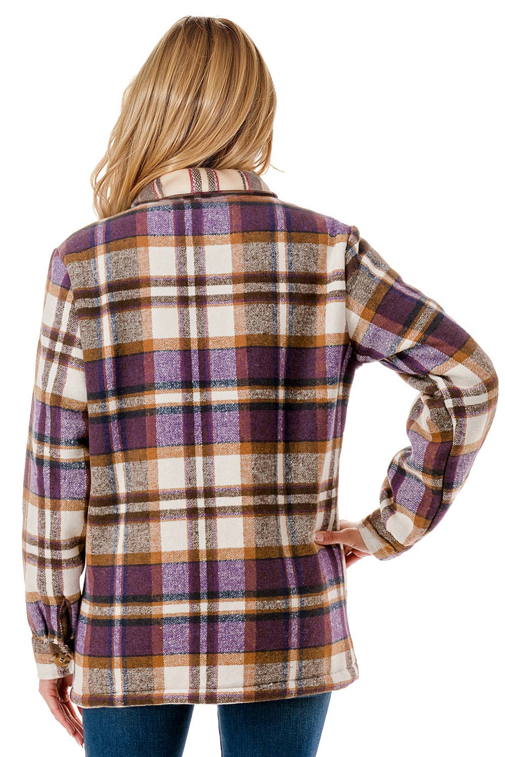 Fur lined plaid flannel shirt shacket with pockets