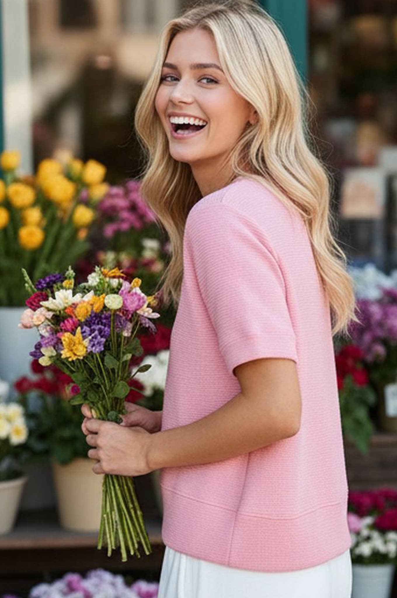 DOUBLE KNIT SHORT SLEEVE TOP: PINK