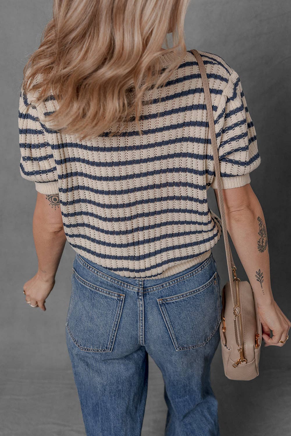 Crew Neck Short Puff Sleeve Sweater: blue