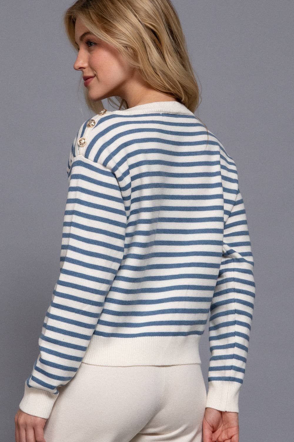 Buttoned Shoulder Stripe Sweater