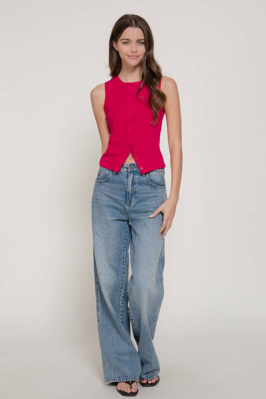 Crew Neck Button Down Tank Top