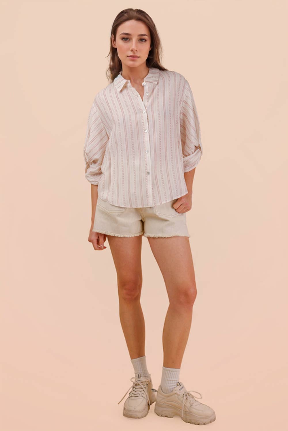 Roll up Half Sleeve Stripe Shirt Top