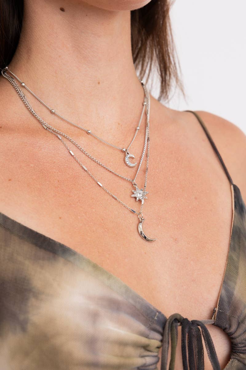 🌙⭐ Celestial Layered Necklace - Moon and Star Charms 🌜✨: Silver