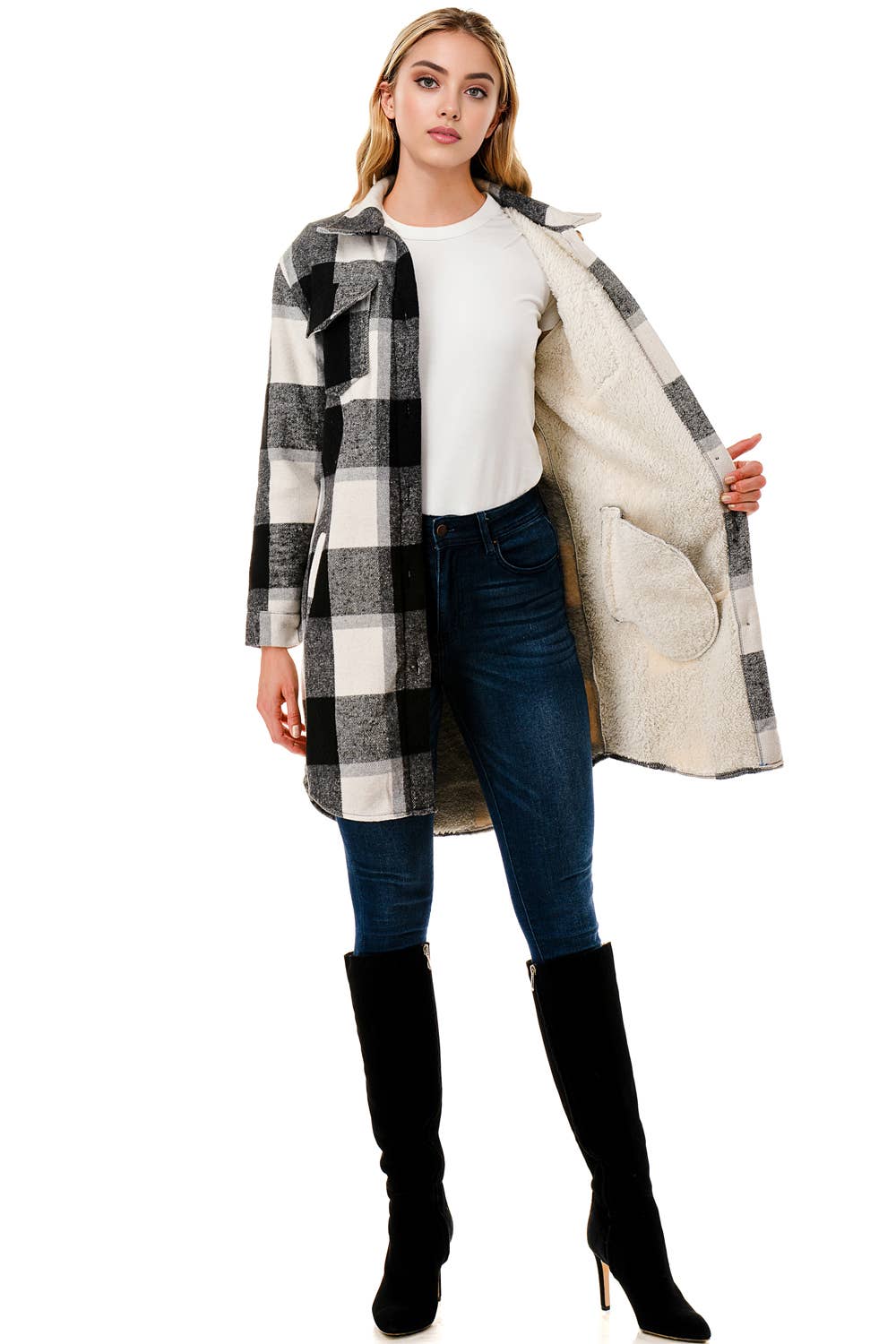 Fur lined long fit flannel jacket