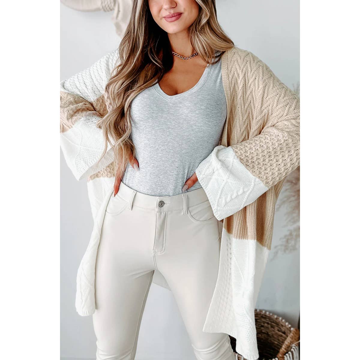 Color Block Knit Bell Sleeve Loose Cardigan