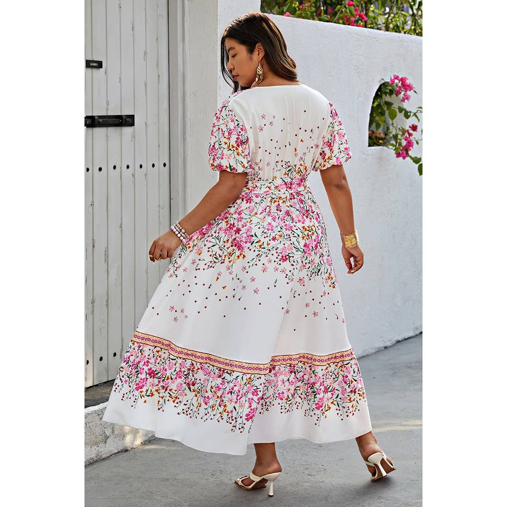 Floral Print Wrap Ruffle Belt Knot Dress: WHITE