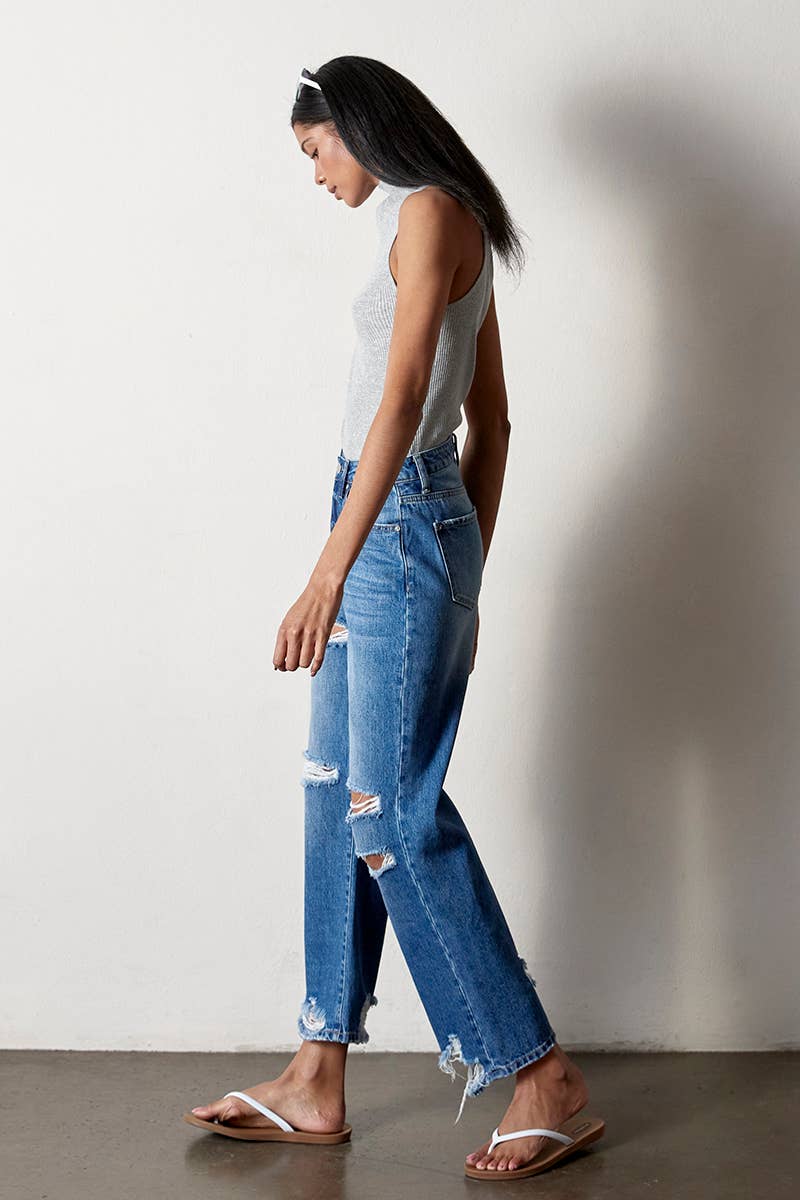 High Rise Destructed Straight Jeans: AGED DARK