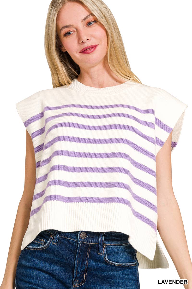Crew Neck Stripe Sweater Vest: LAVENDER