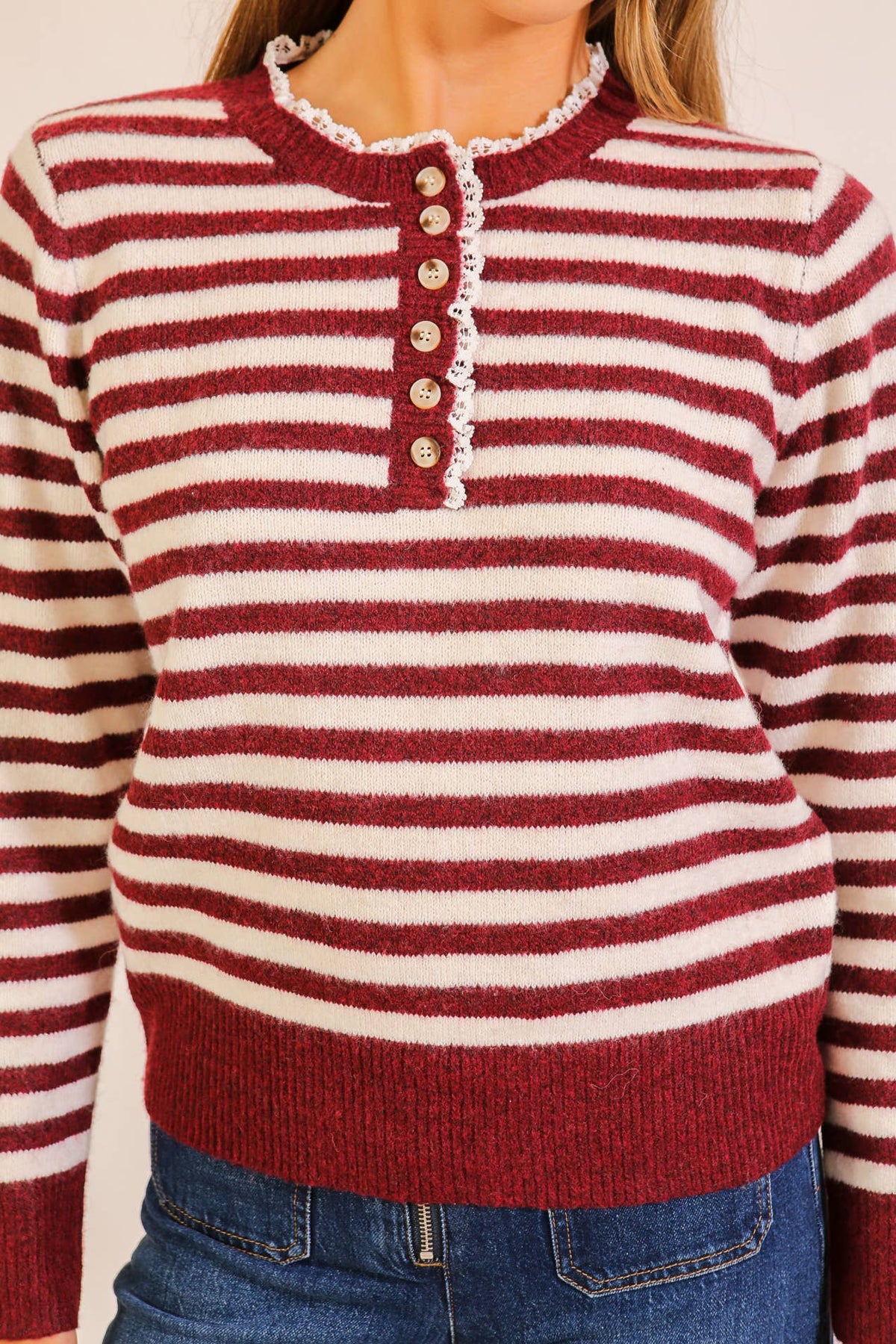 Sweet Stripe Henley Knit Sweater: Burgundy