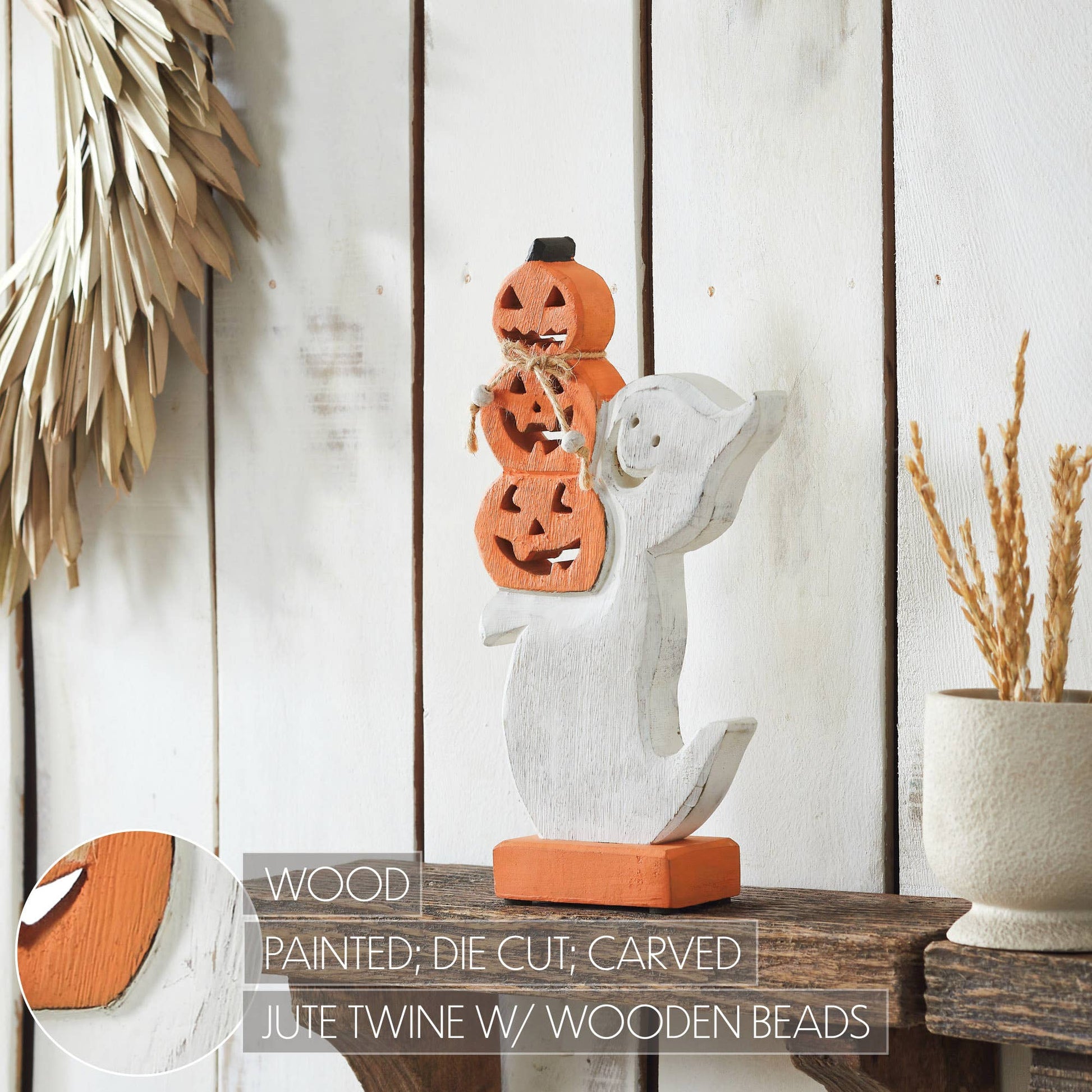 Ghost with Stacked Pumpkins Wood Figurine Halloween Decor