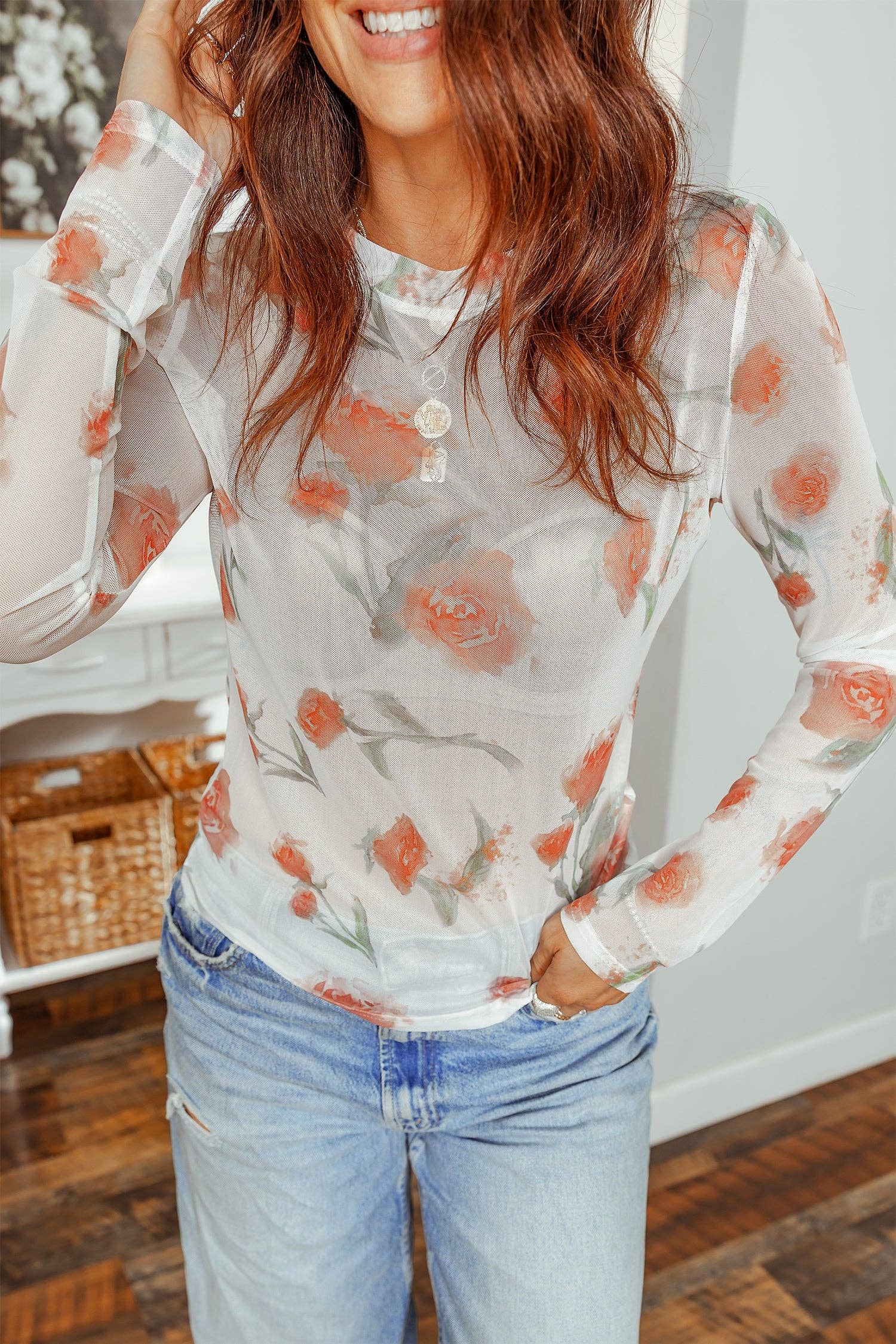 Floral Print Mesh Long Sleeve Top