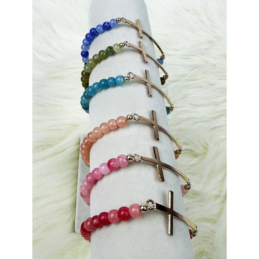 Gold Cross Multi Tone Beaded Stretch Bracelet: MIX COLOR / ONE(12)