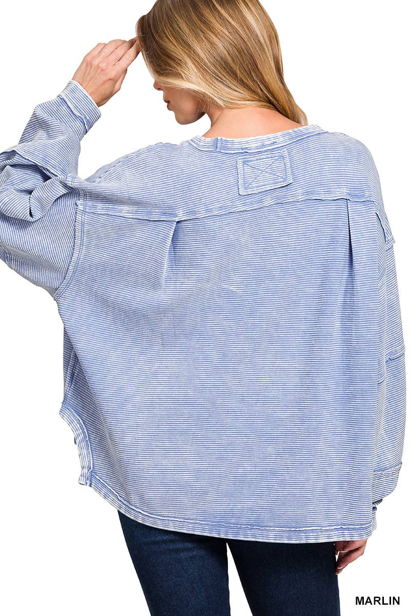 Acid Washed Double Ribbed Exposed Seam Cropped Pullover: MARLIN