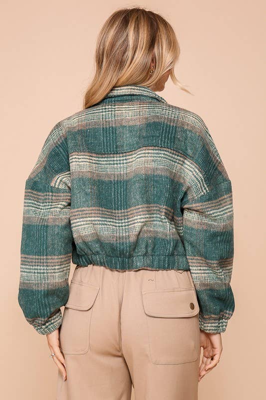 Fall Plaid Zip Front Cropped Jacket: Hunter/Taupe