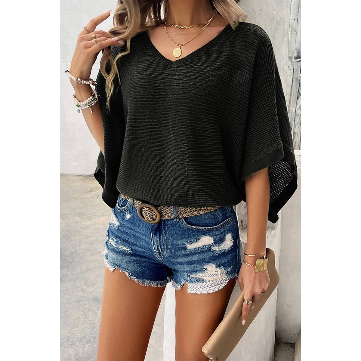 V Neck Knit Loose Fit Bat Sleeves Top: BLACK
