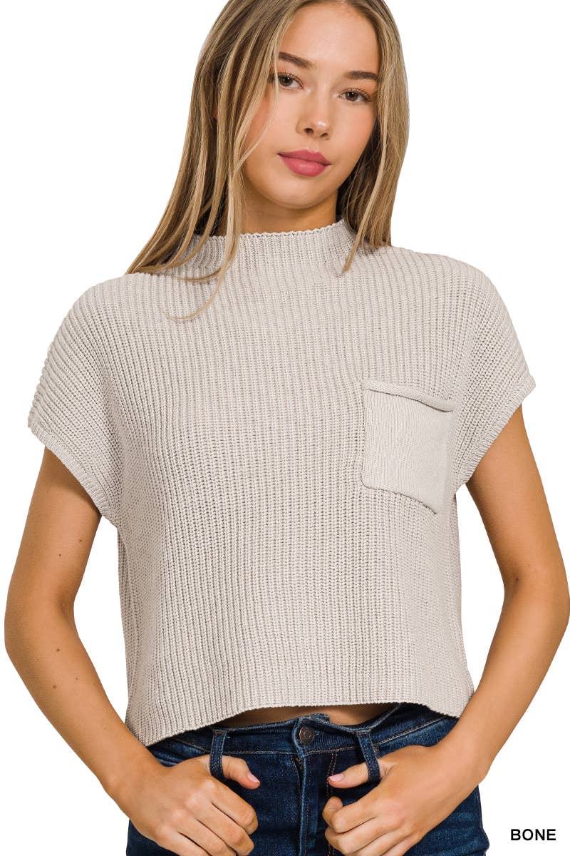 Mock Neck Short Sleeve Sweater: BONE