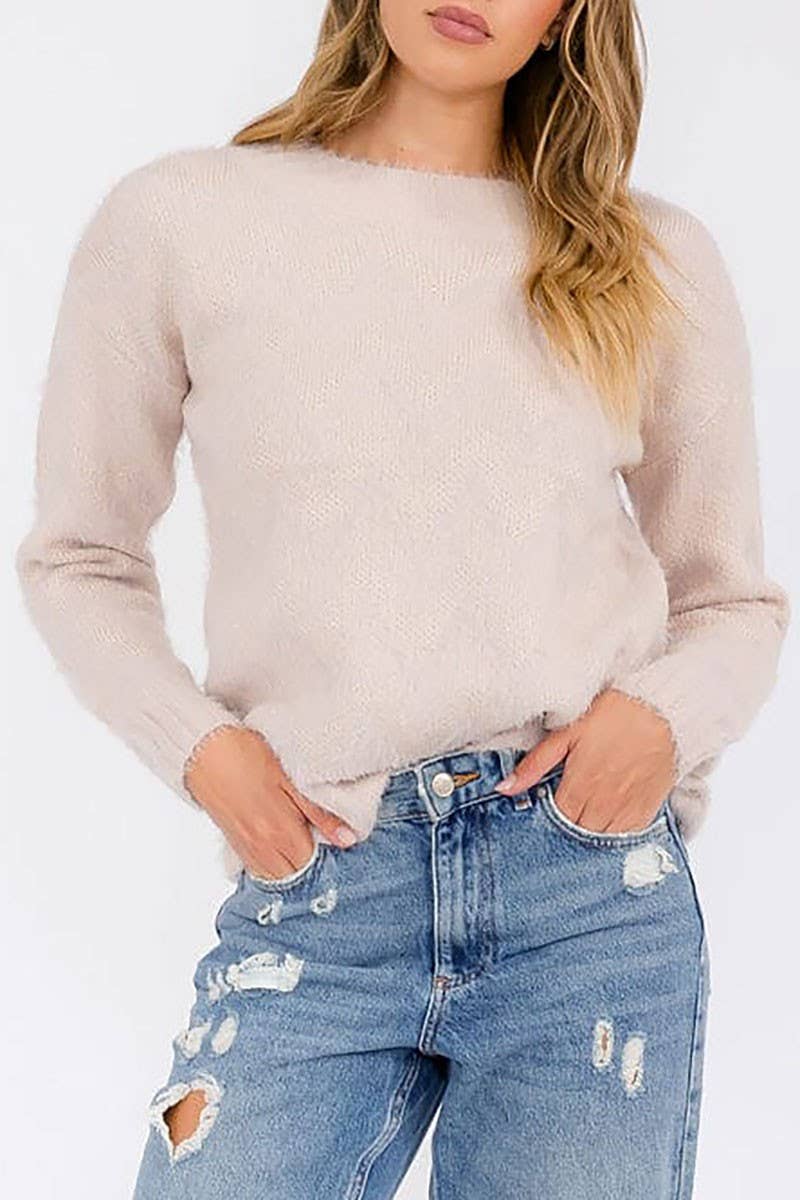 SHIMMER DETAIL ROUND NECK PULLOVER SWEATER: MAUVE