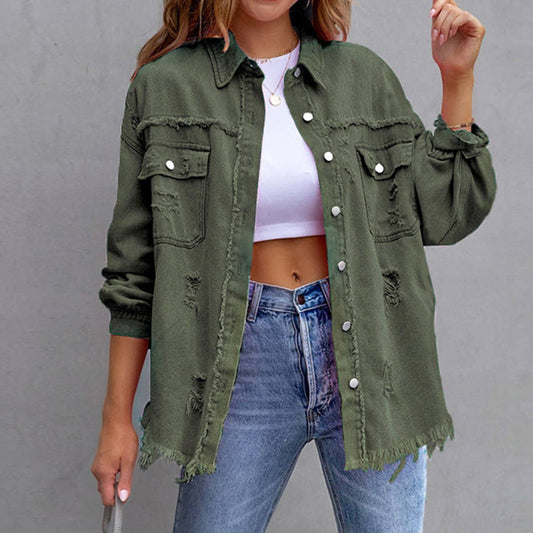Denim coat with ripped raw edge