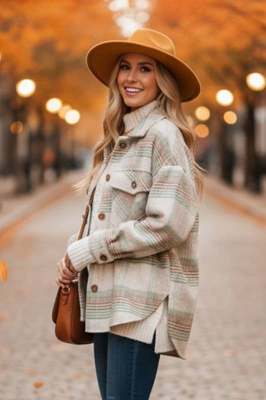 Plaid Shacket: Taupe/Sage