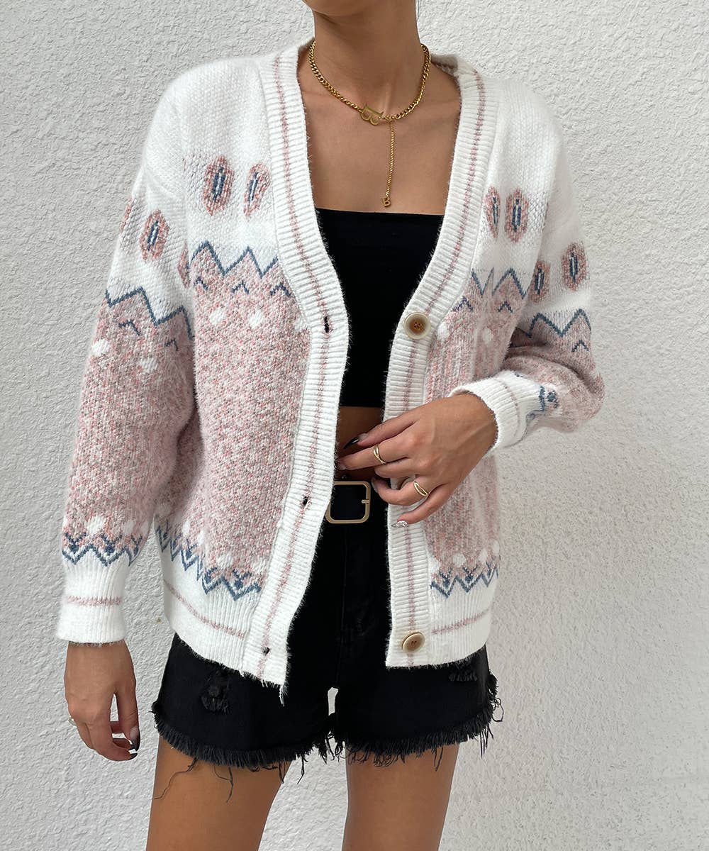 White and Pink Geo Pattern Botton Front Cardigan