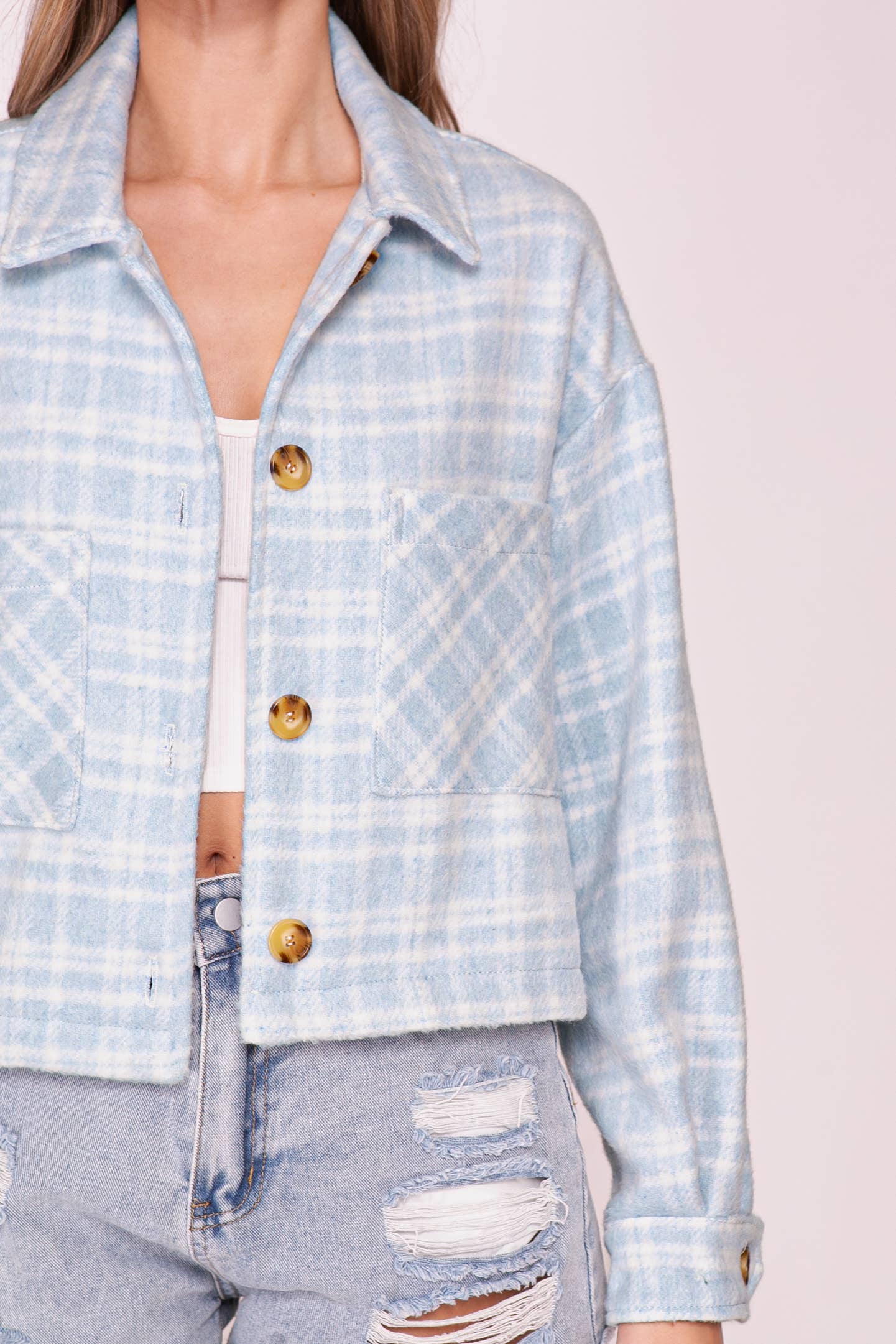 Plaid Button Front Shacket: Lt blue