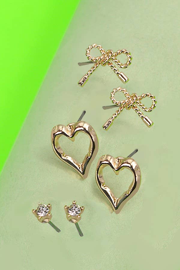 BOW HEART CHARM STUD TRIO EARRINGS: GOLD