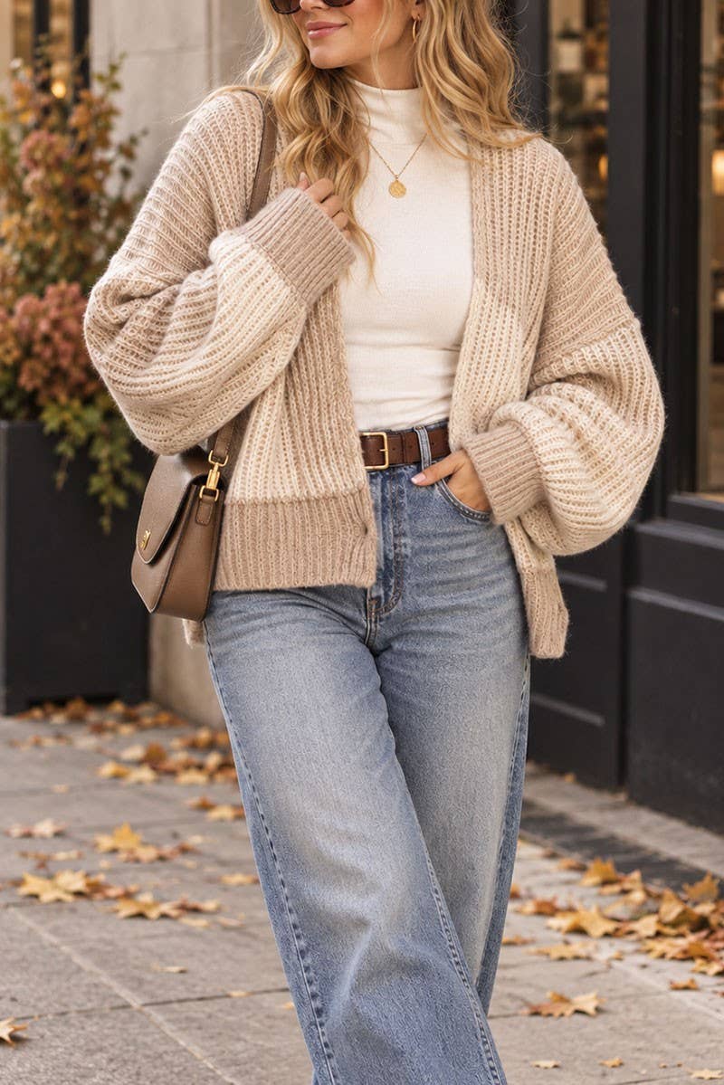 Colorblock  Knit Cardigan: TAUPE CREAM